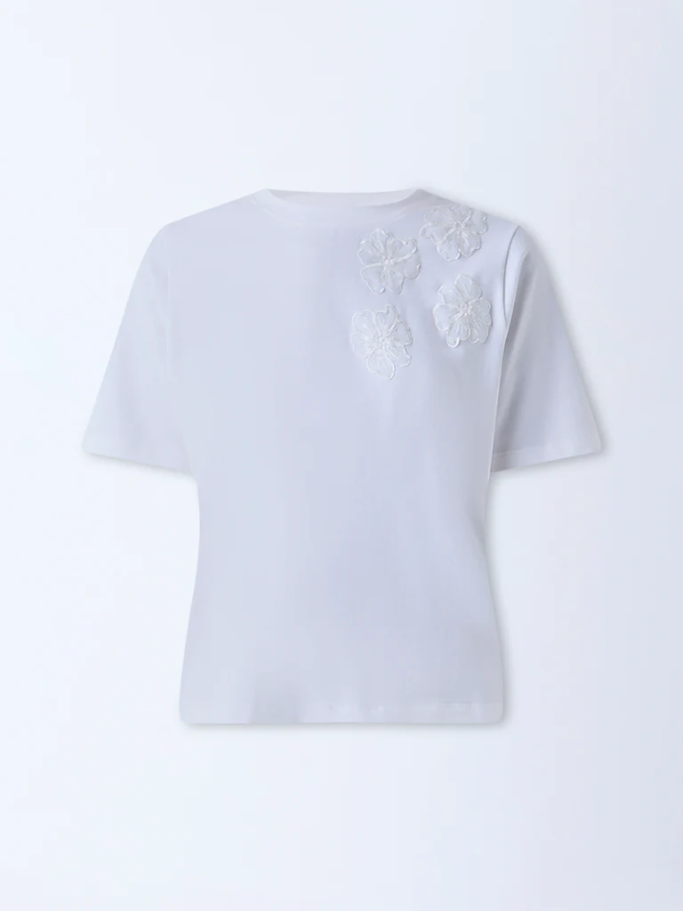 Wardrobe White Floral Embroidered T-Shirt - Image 5