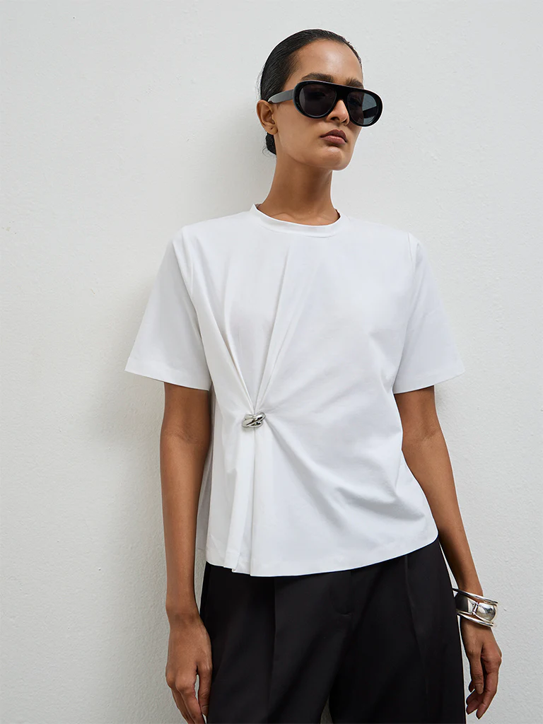Wardrobe White Solid Cotton-Blend T-Shirt
