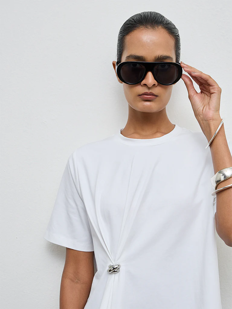 Wardrobe White Solid Cotton-Blend T-Shirt - Image 3