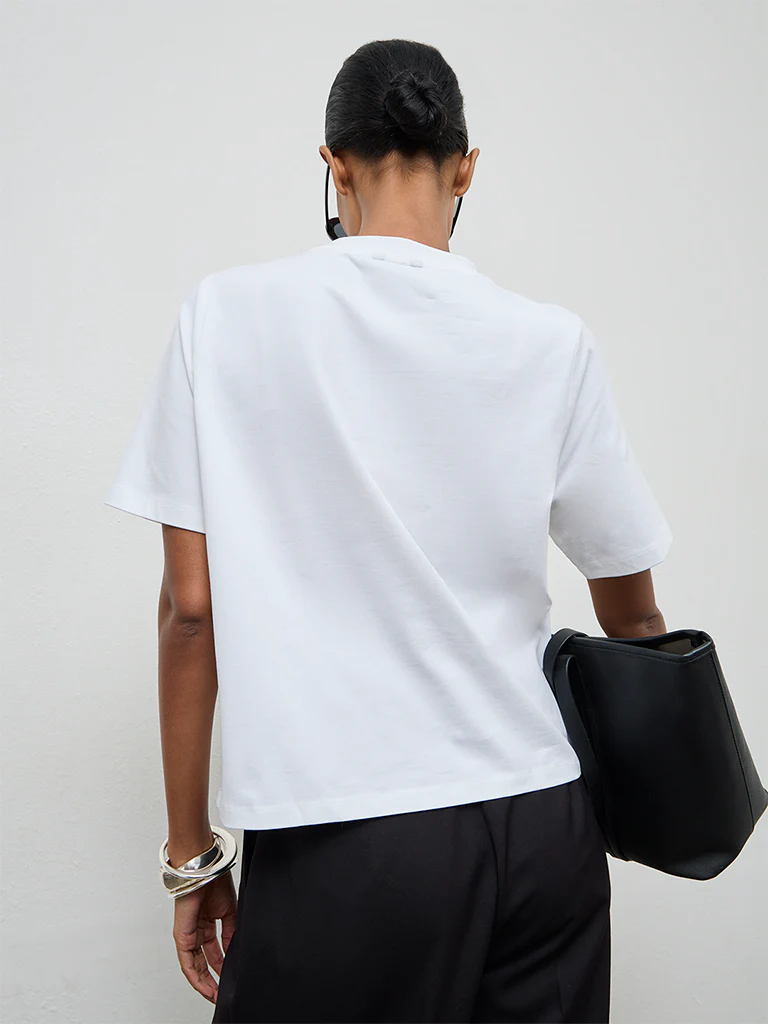 Wardrobe White Solid Cotton-Blend T-Shirt - Image 4