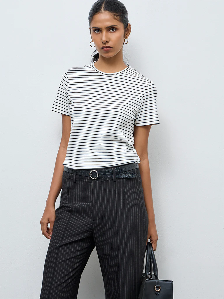 Wardrobe White Striped Cotton-Blend T-Shirt
