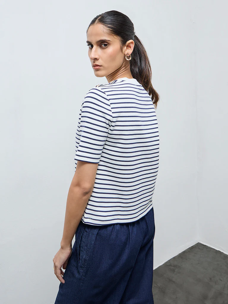 Wardrobe White Striped Cotton-Blend T-Shirt - Image 4