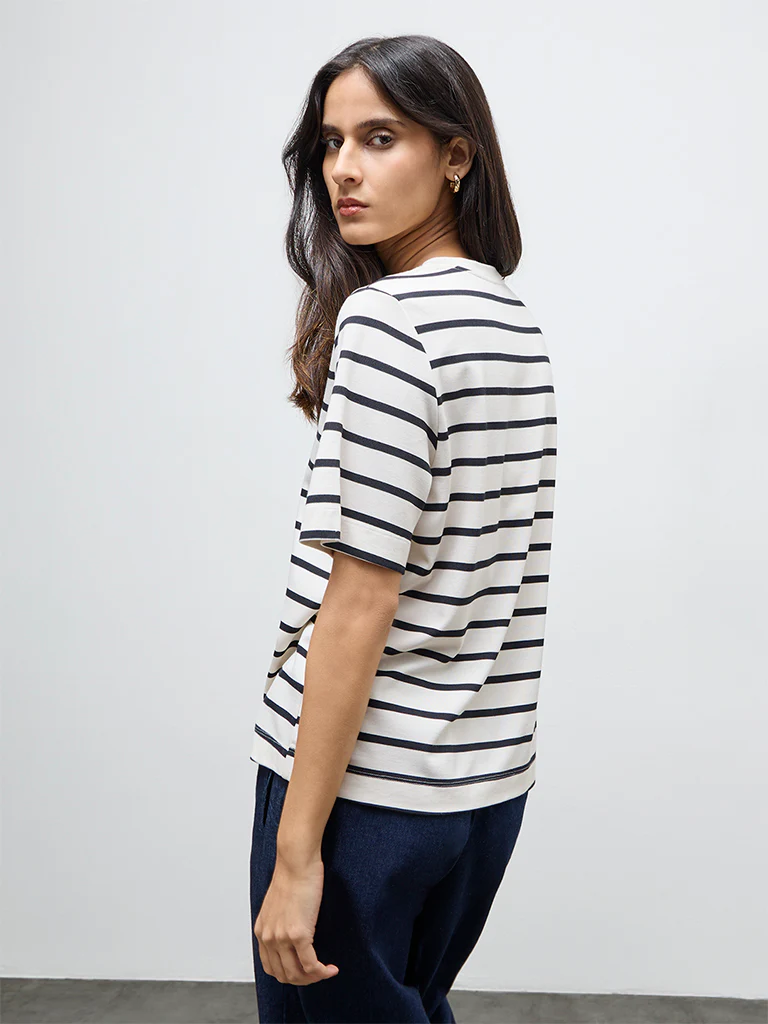 Wardrobe White Striped Cotton-Blend T-Shirt - Image 4