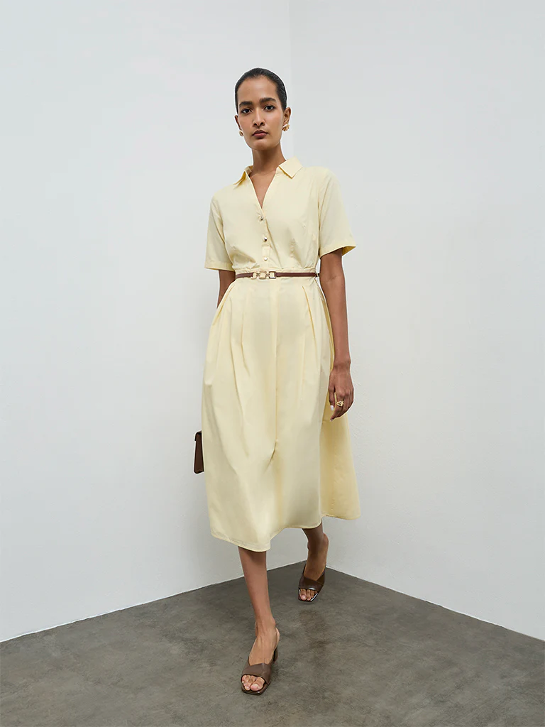 Wardrobe Yellow Solid Cotton A-Line Dress with Belt - Image 2