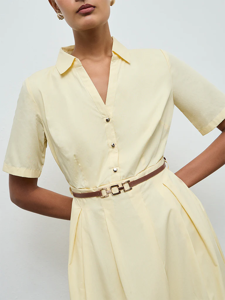 Wardrobe Yellow Solid Cotton A-Line Dress with Belt - Image 3