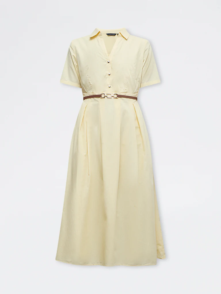Wardrobe Yellow Solid Cotton A-Line Dress with Belt - Image 5