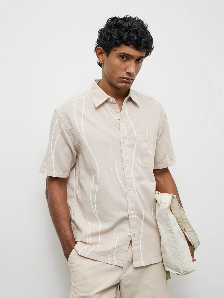 WES Casuals Beige Abstract Relaxed-Fit Cotton-Blend Shirt - Image 2