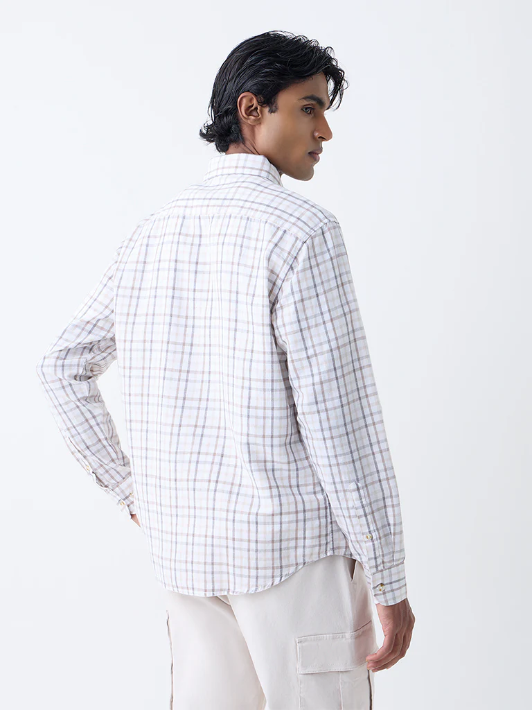 WES Casuals Beige Checks Relaxed-Fit Cotton-Blend Shirt - Image 4
