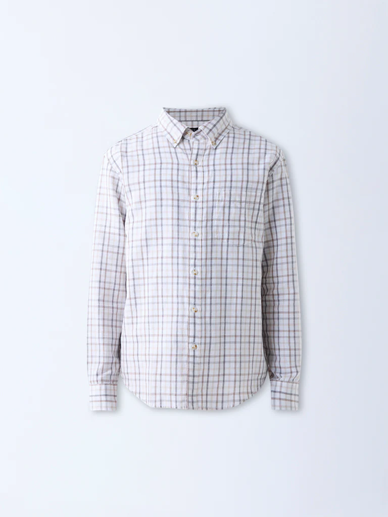 WES Casuals Beige Checks Relaxed-Fit Cotton-Blend Shirt - Image 5