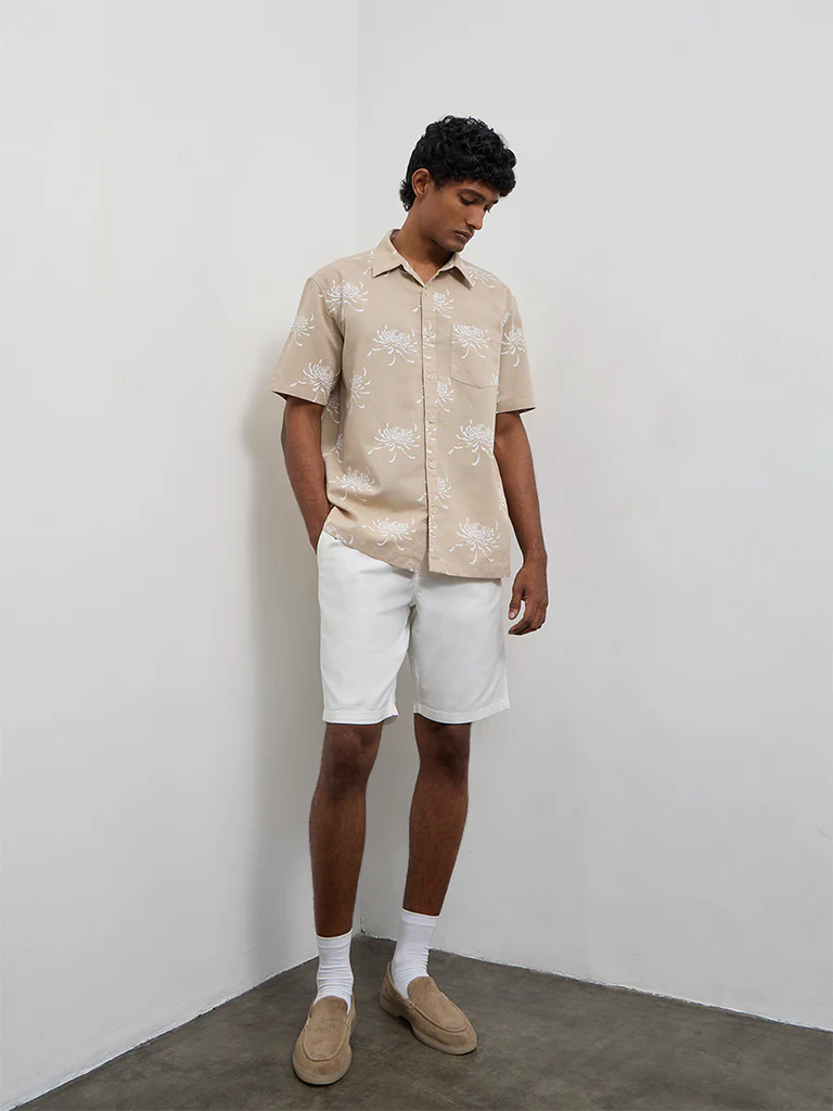 WES Casuals Beige Floral Relaxed-Fit Cotton-Blend Shirt - Image 2