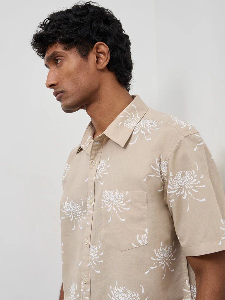 WES Casuals Beige Floral Relaxed-Fit Cotton-Blend Shirt - Image 3