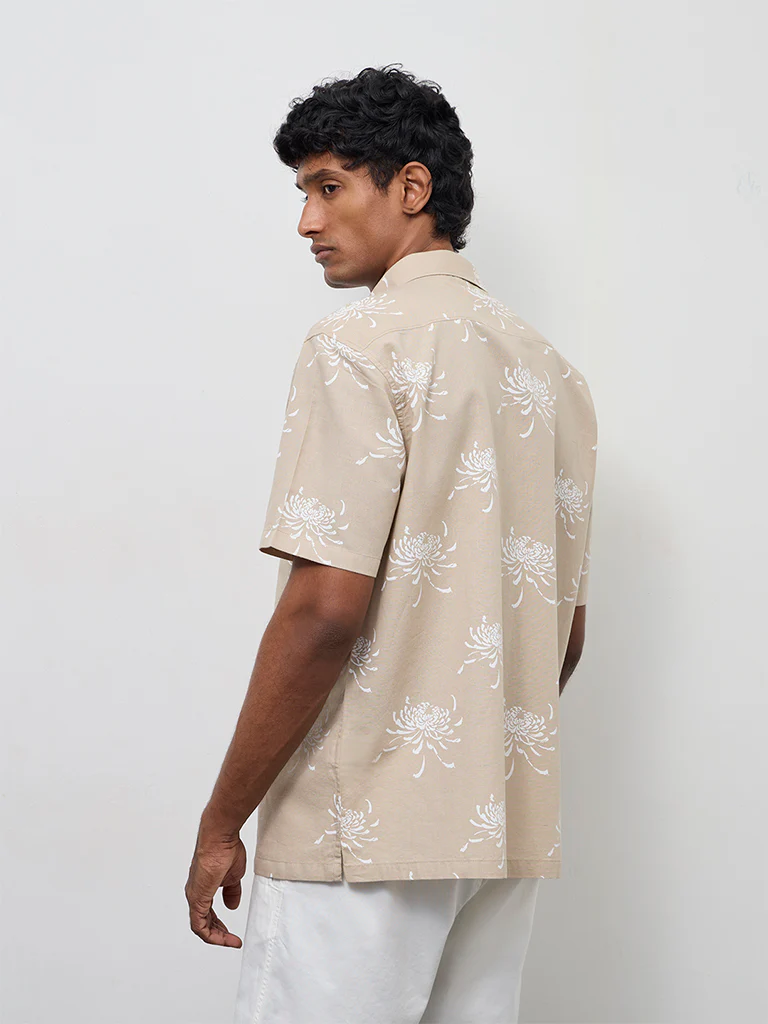WES Casuals Beige Floral Relaxed-Fit Cotton-Blend Shirt - Image 4
