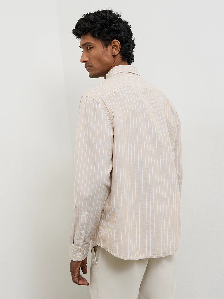 WES Casuals Beige Pinstriped Relaxed-Fit Cotton-Blend Shirt - Image 4