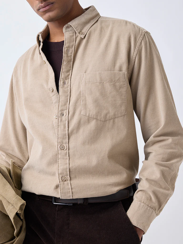 WES Casuals Beige Relaxed-Fit Corduroy Shirt - Image 4