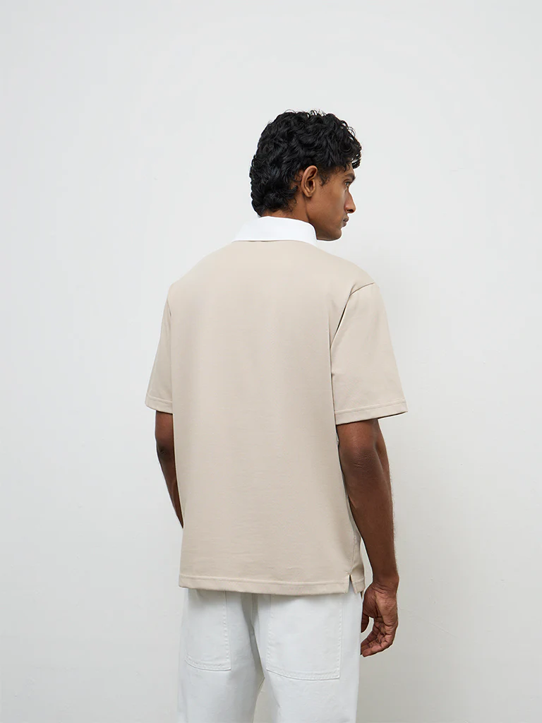 WES Casuals Beige Relaxed-Fit Cotton-Blend Polo T-Shirt - Image 5