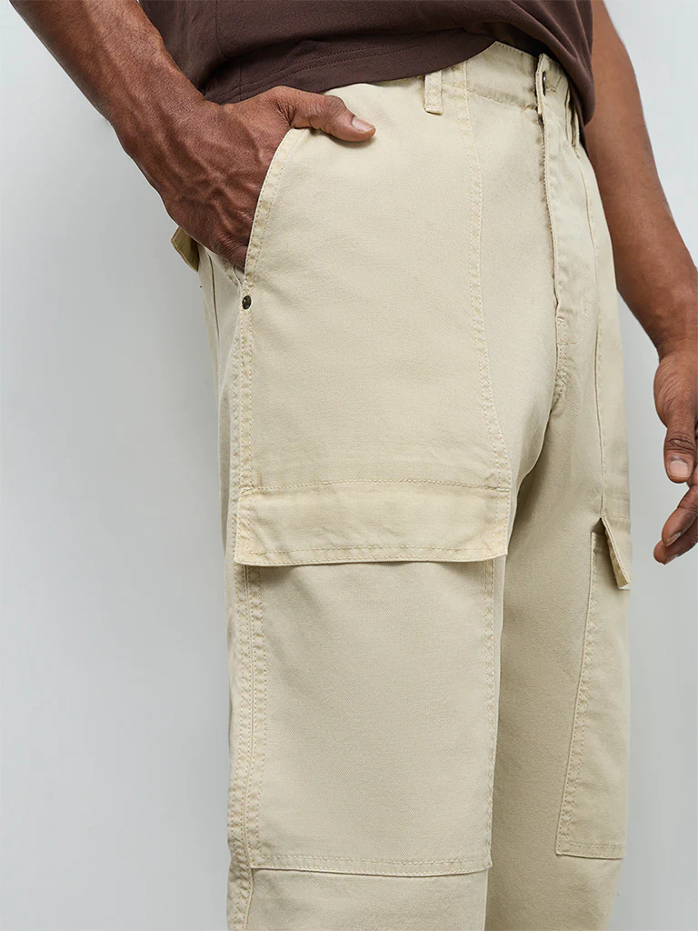 WES Casuals Beige Relaxed-Fit Mid-Rise Cotton-Blend Cargo Pants - Image 4