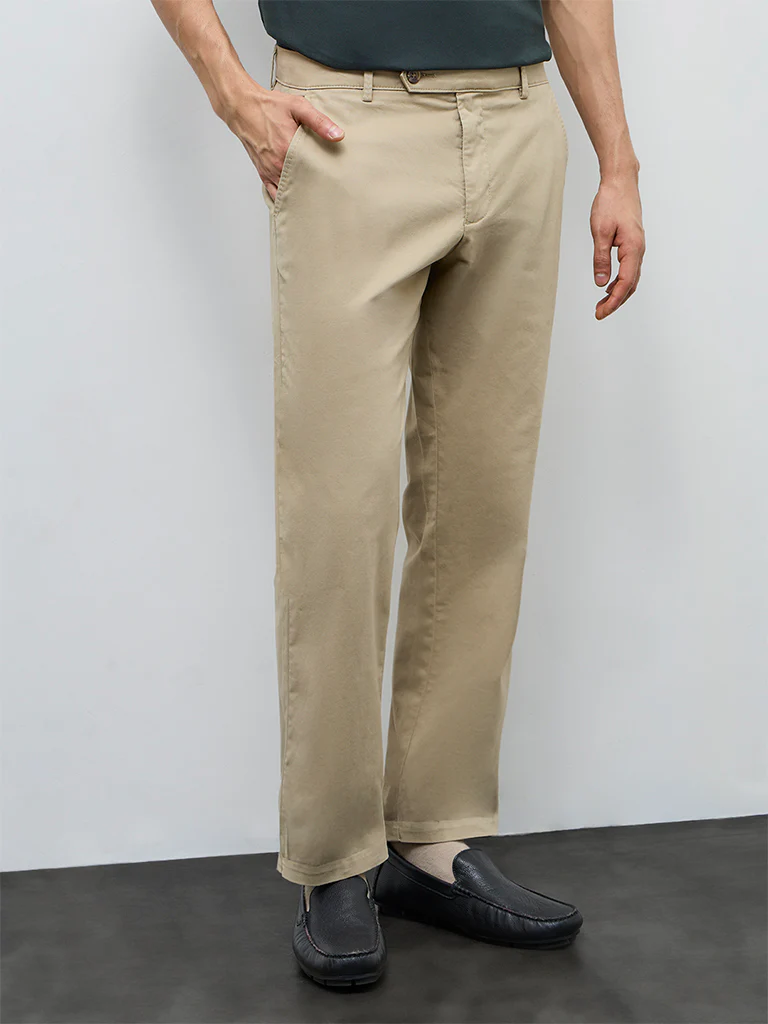 WES Casuals Beige Relaxed-Fit Mid-Rise Cotton-Blend Trousers - Image 3