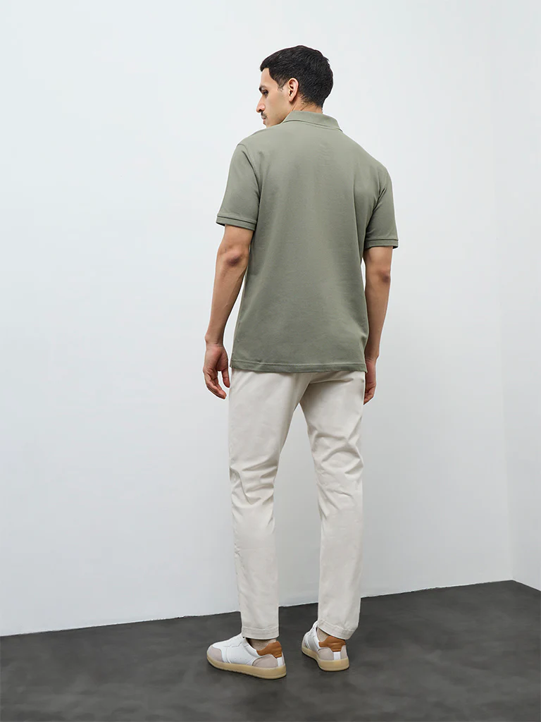 WES Casuals Beige Relaxed-Fit Mid-Rise Cotton-Blend Trousers - Image 5