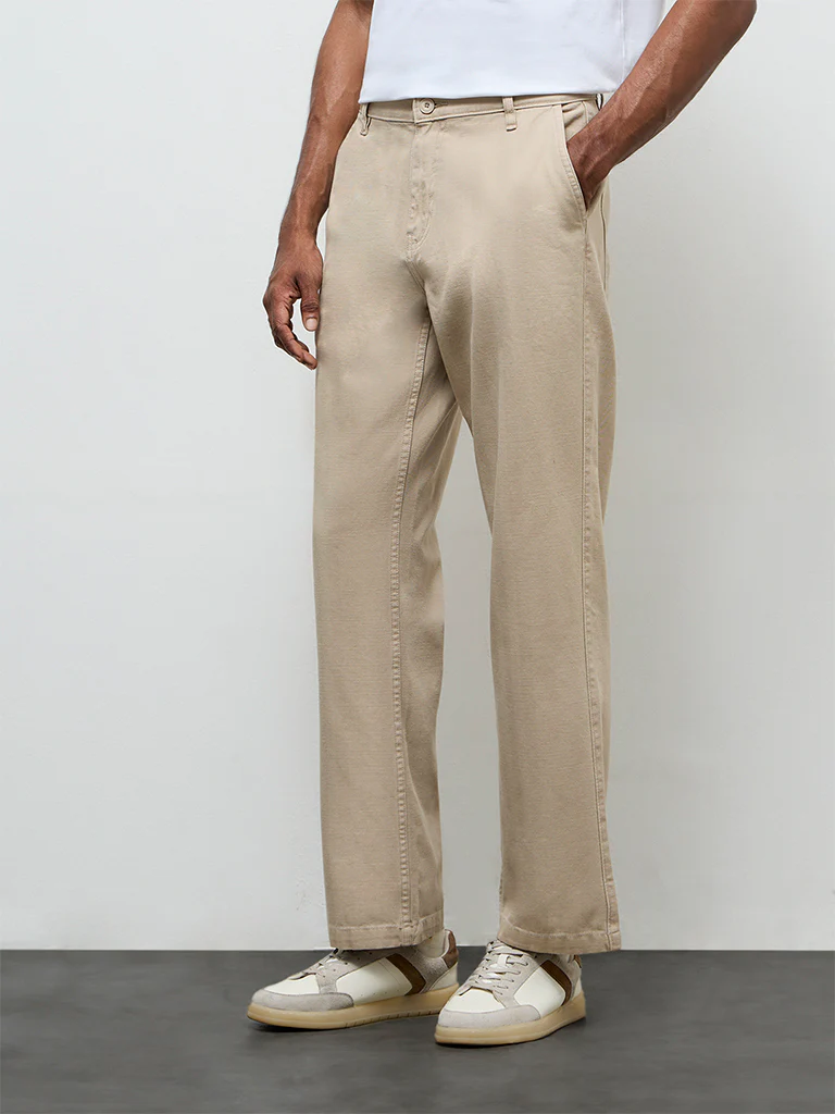 WES Casuals Beige Relaxed-Fit Mid-Rise Cotton Trousers - Image 3