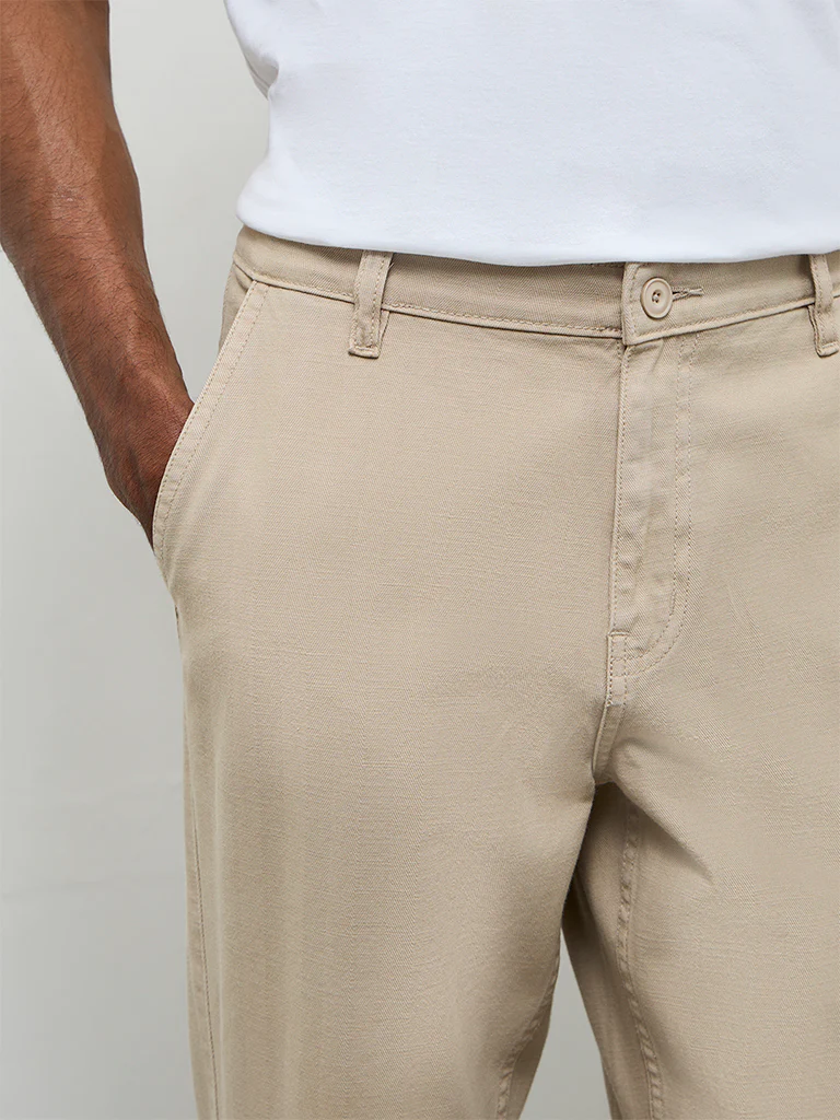 WES Casuals Beige Relaxed-Fit Mid-Rise Cotton Trousers - Image 4