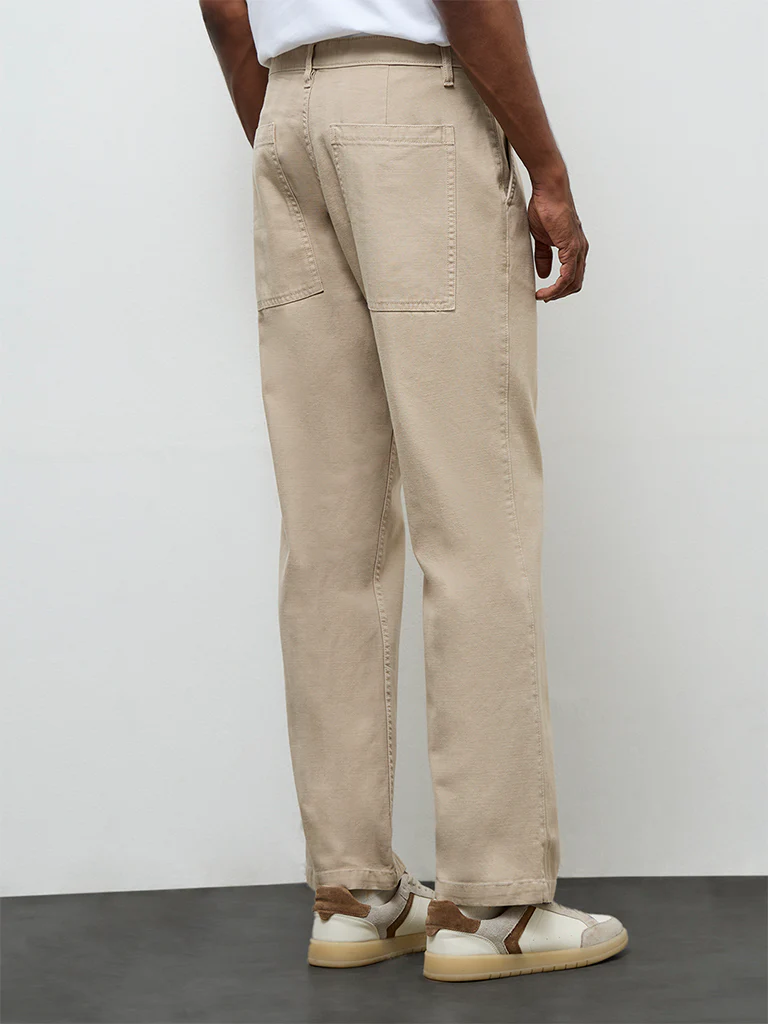 WES Casuals Beige Relaxed-Fit Mid-Rise Cotton Trousers - Image 5
