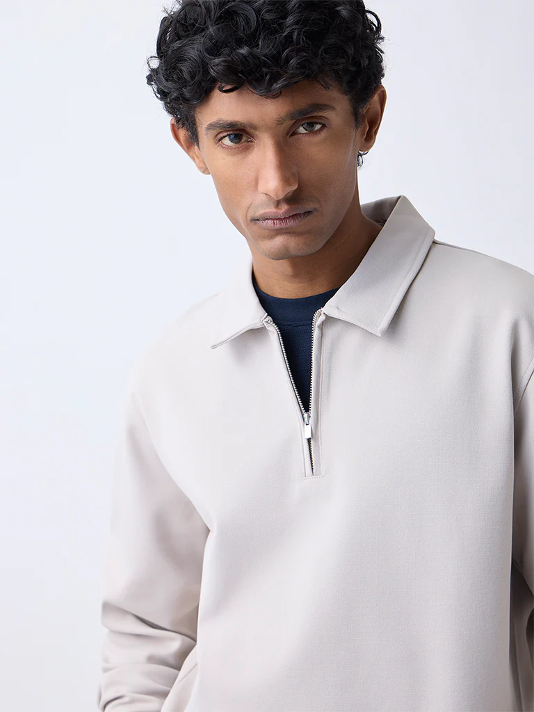 WES Casuals Beige Relaxed-Fit Quarter-Zip Sweatshirt - Image 4