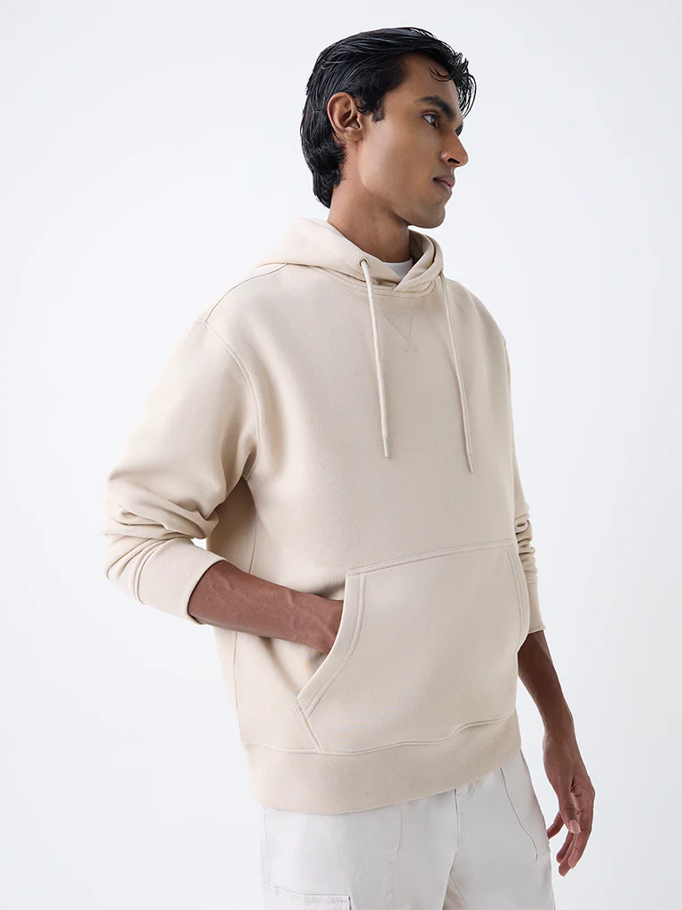 WES Casuals Beige Solid Relaxed-Fit Cotton-Blend Hoodie - Image 3