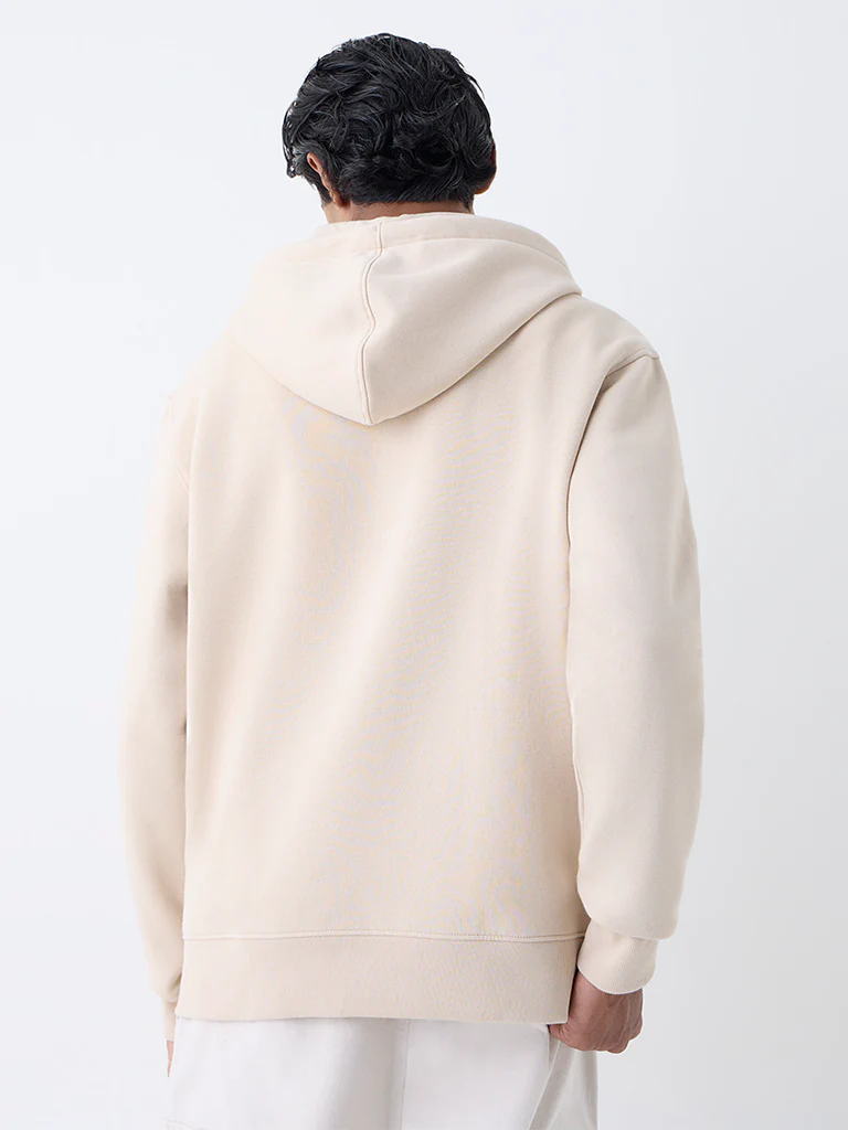 WES Casuals Beige Solid Relaxed-Fit Cotton-Blend Hoodie - Image 5
