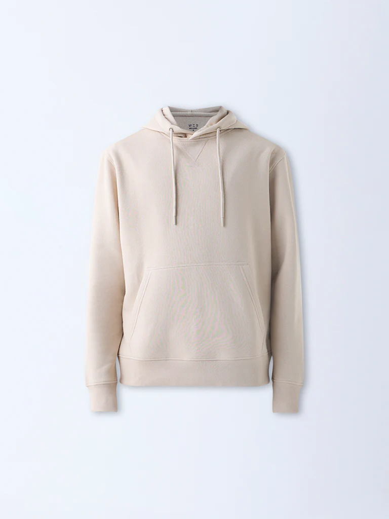WES Casuals Beige Solid Relaxed-Fit Cotton-Blend Hoodie - Image 6