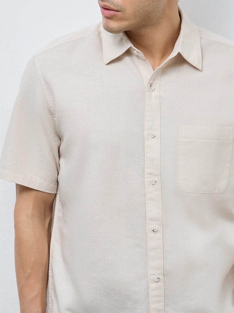 WES Casuals Beige Solid Relaxed-Fit Cotton-Blend Shirt - Image 3