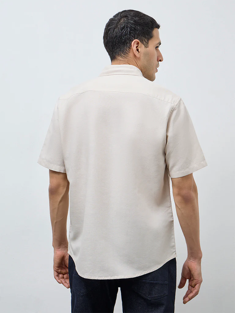 WES Casuals Beige Solid Relaxed-Fit Cotton-Blend Shirt - Image 4