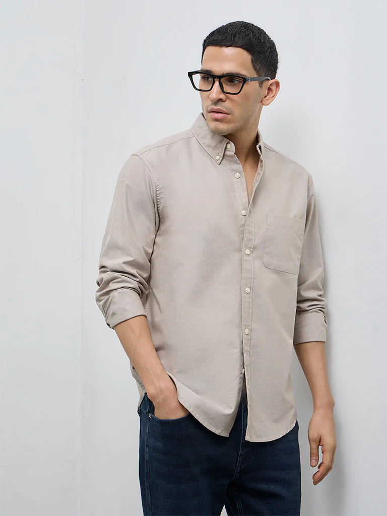 WES Casuals Beige Solid Relaxed-Fit Cotton Shirt - Image 3