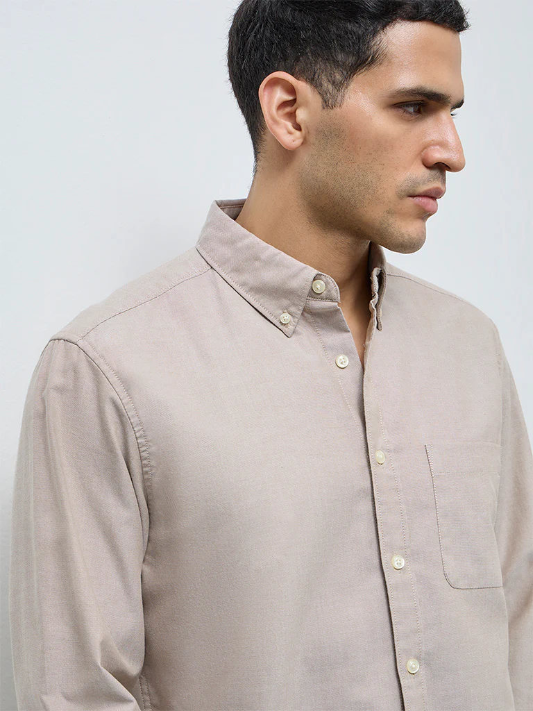 WES Casuals Beige Solid Relaxed-Fit Cotton Shirt - Image 4