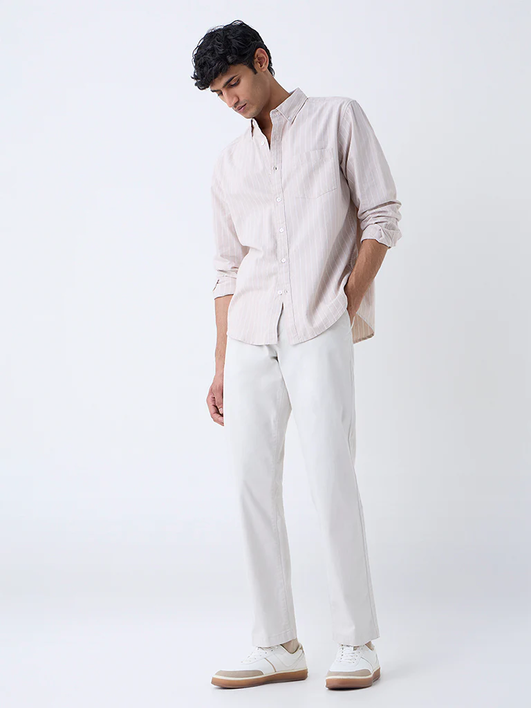 WES Casuals Beige Striped Relaxed-Fit Cotton Shirt - Image 2