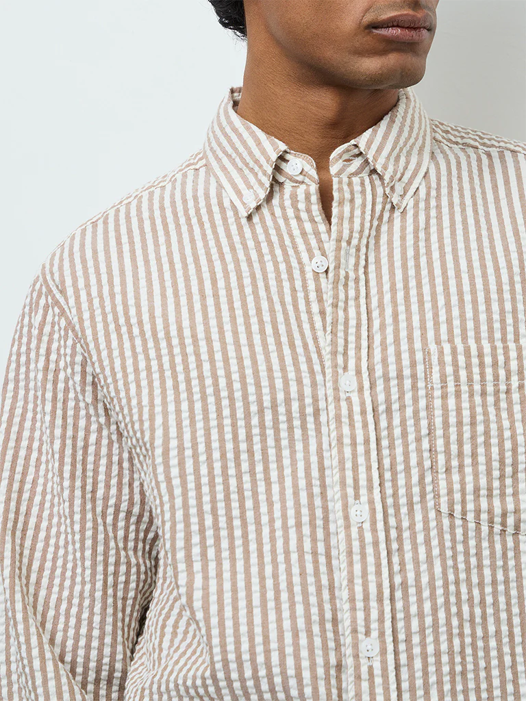 WES Casuals Beige Striped Relaxed-Fit Cotton Shirt - Image 3