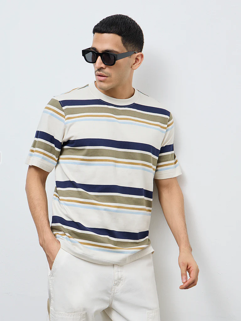 WES Casuals Beige Striped Relaxed Fit Cotton T-Shirt