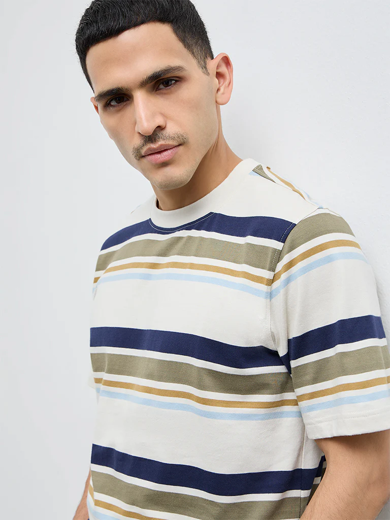 WES Casuals Beige Striped Relaxed Fit Cotton T-Shirt - Image 4