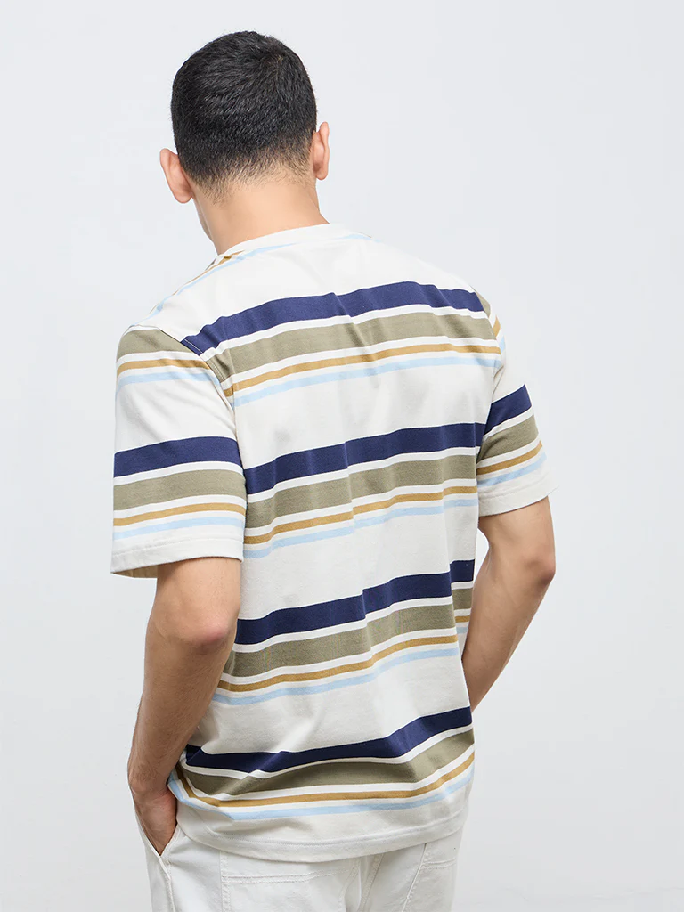 WES Casuals Beige Striped Relaxed Fit Cotton T-Shirt - Image 5