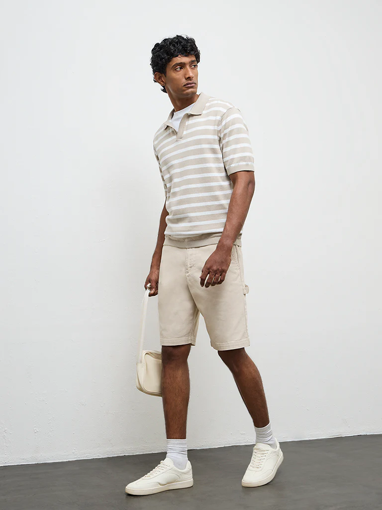 WES Casuals Beige Striped Relaxed-Fit Cotton T-Shirt - Image 3