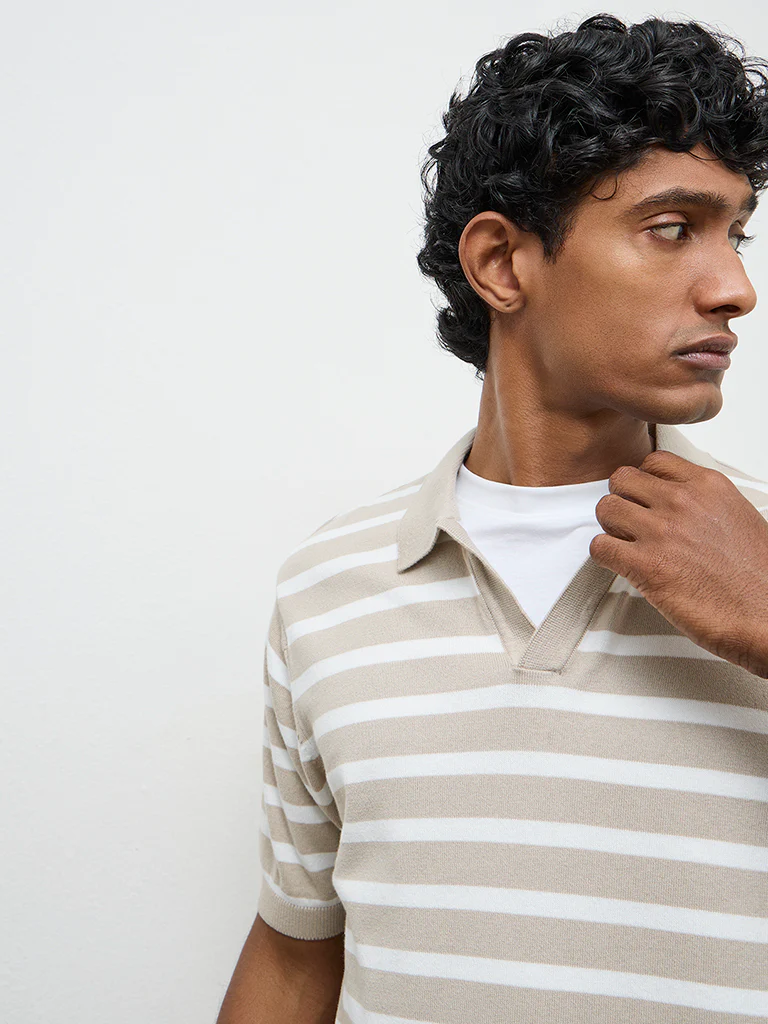 WES Casuals Beige Striped Relaxed-Fit Cotton T-Shirt - Image 4