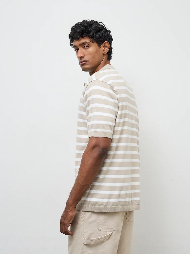WES Casuals Beige Striped Relaxed-Fit Cotton T-Shirt - Image 5