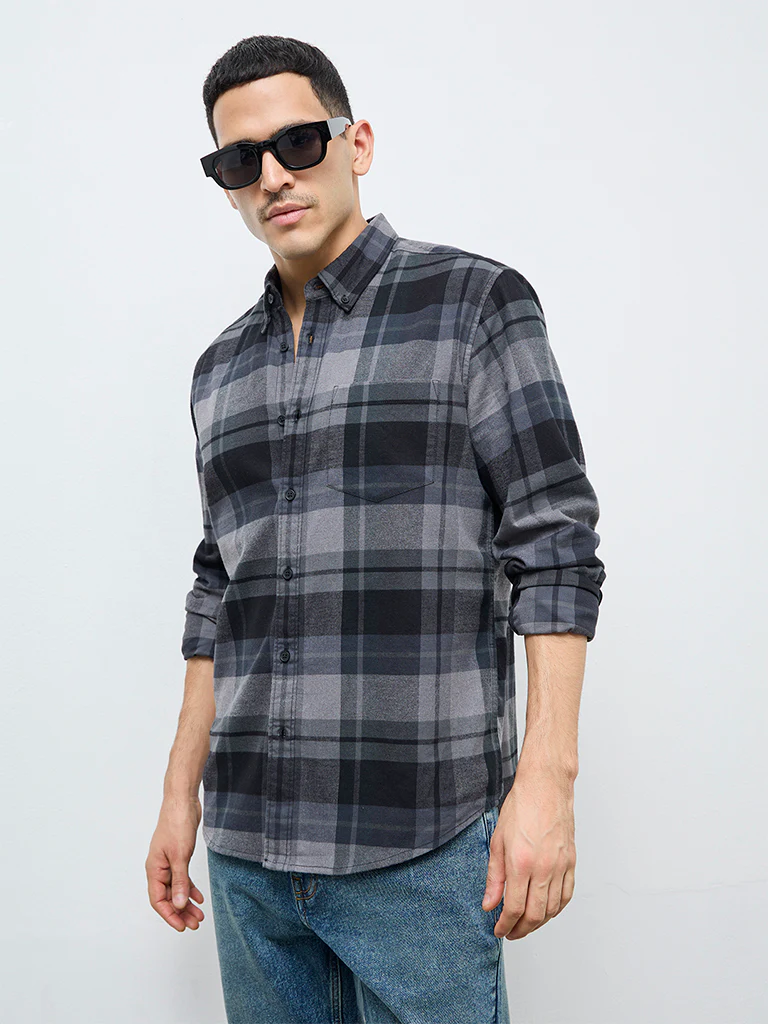 WES Casuals Black Check Relaxed-Fit Cotton Shirt