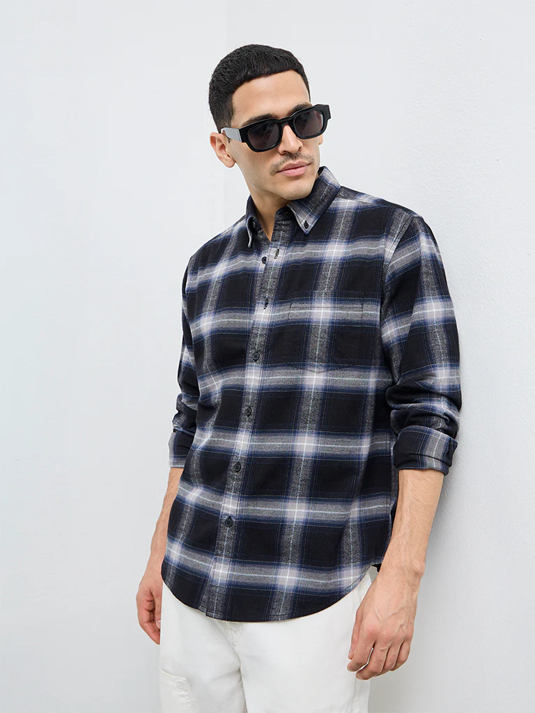 WES Casuals Black Check Relaxed Fit Cotton Shirt
