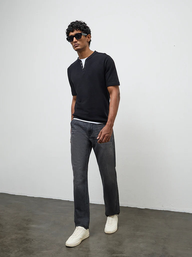 WES Casuals Black Solid Textured Relaxed-Fit Cotton T-Shirt