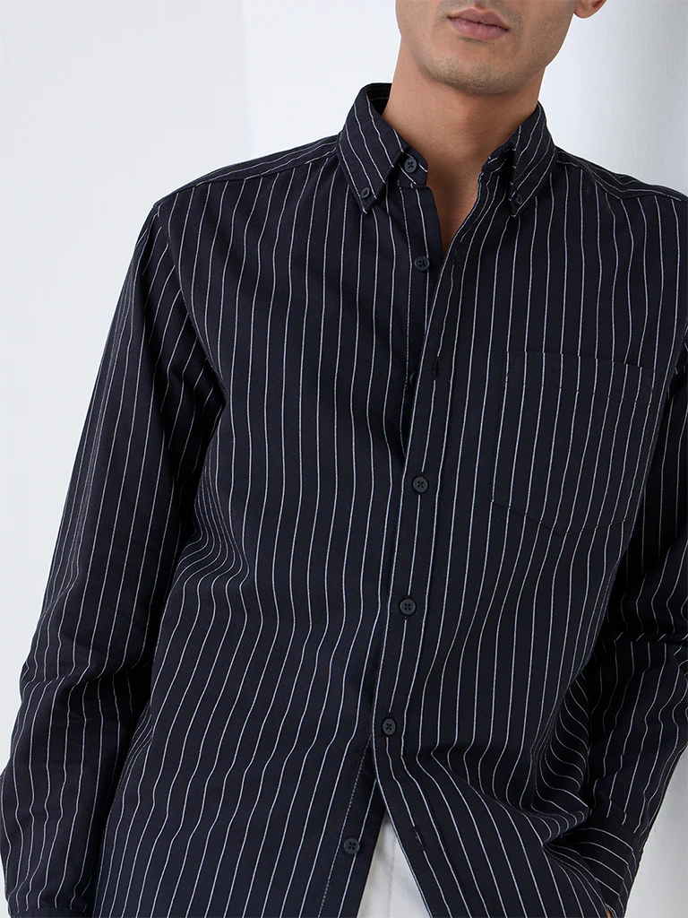 WES Casuals Black Striped Relaxed-Fit Cotton Shirt - Image 3