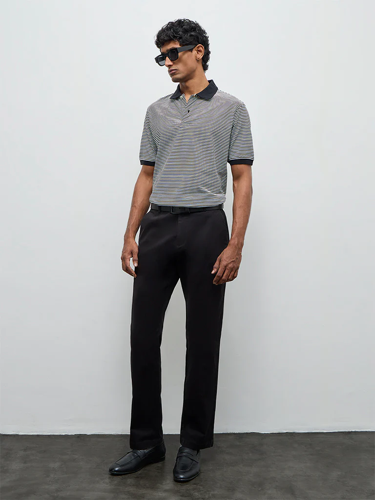 WES Casuals Black Striped Relaxed-Fit Polo T-Shirt - Image 2
