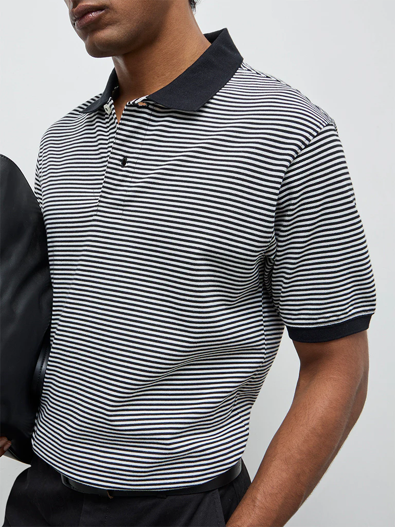 WES Casuals Black Striped Relaxed-Fit Polo T-Shirt - Image 3