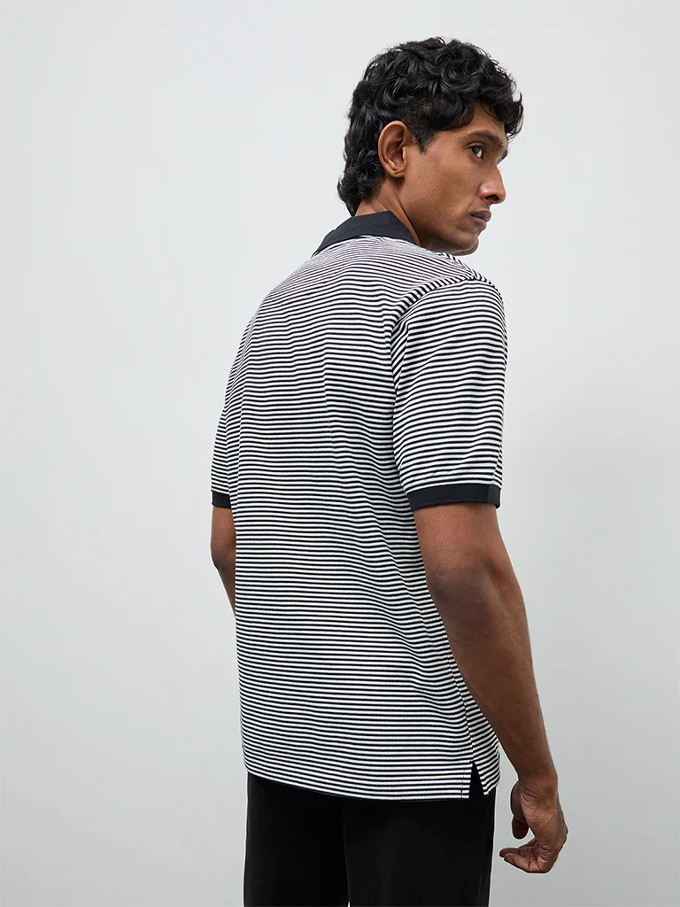 WES Casuals Black Striped Relaxed-Fit Polo T-Shirt - Image 4
