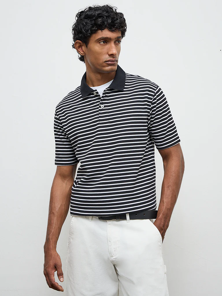 WES Casuals Black Striped Relaxed-Fit Polo T-Shirt