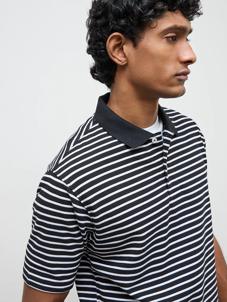 WES Casuals Black Striped Relaxed-Fit Polo T-Shirt - Image 4